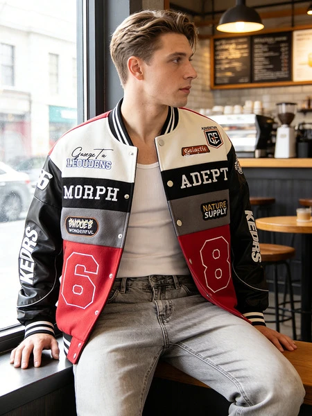 VARSITY Patchwork Snap-Button Bomber Jacket