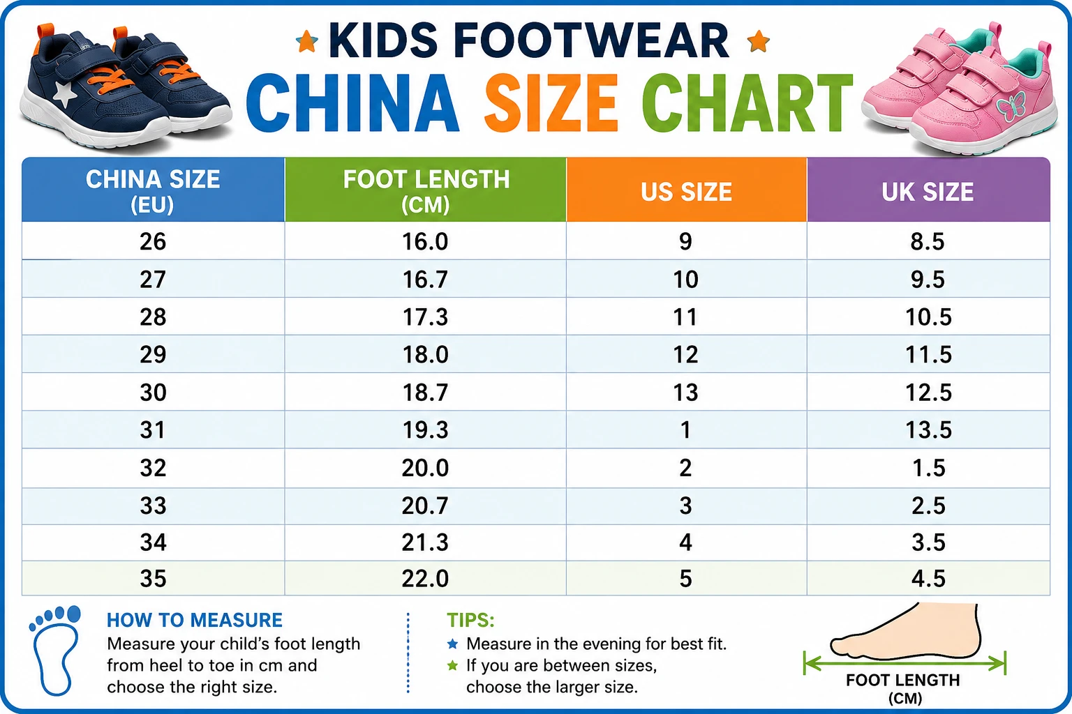 Size chart for BOBDOG Kids Sport Casual Sneakers with Adjustable Buckle