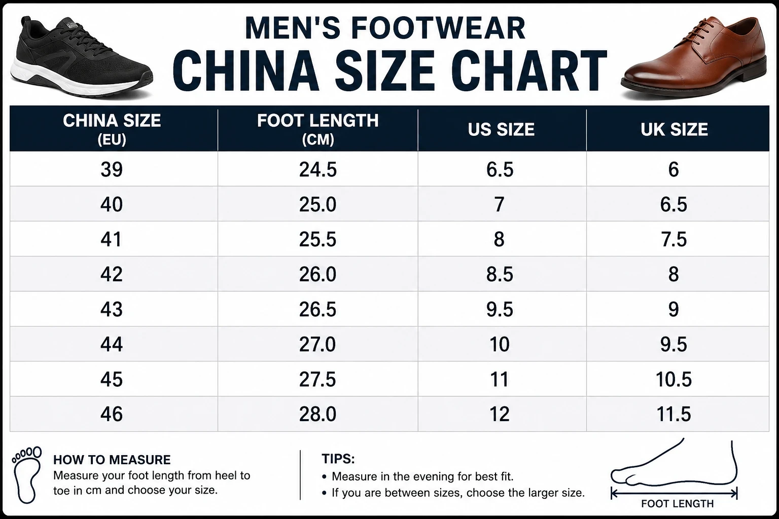 Size chart for Men's Premium White Platform Sneakers