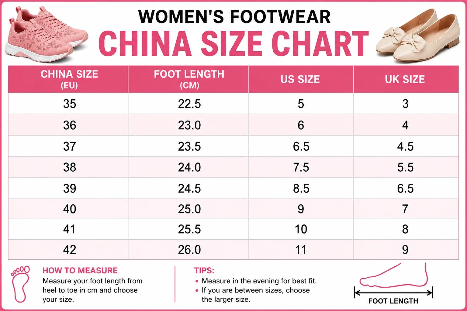 Size chart for Women's Denim Platform High-Top Sneakers