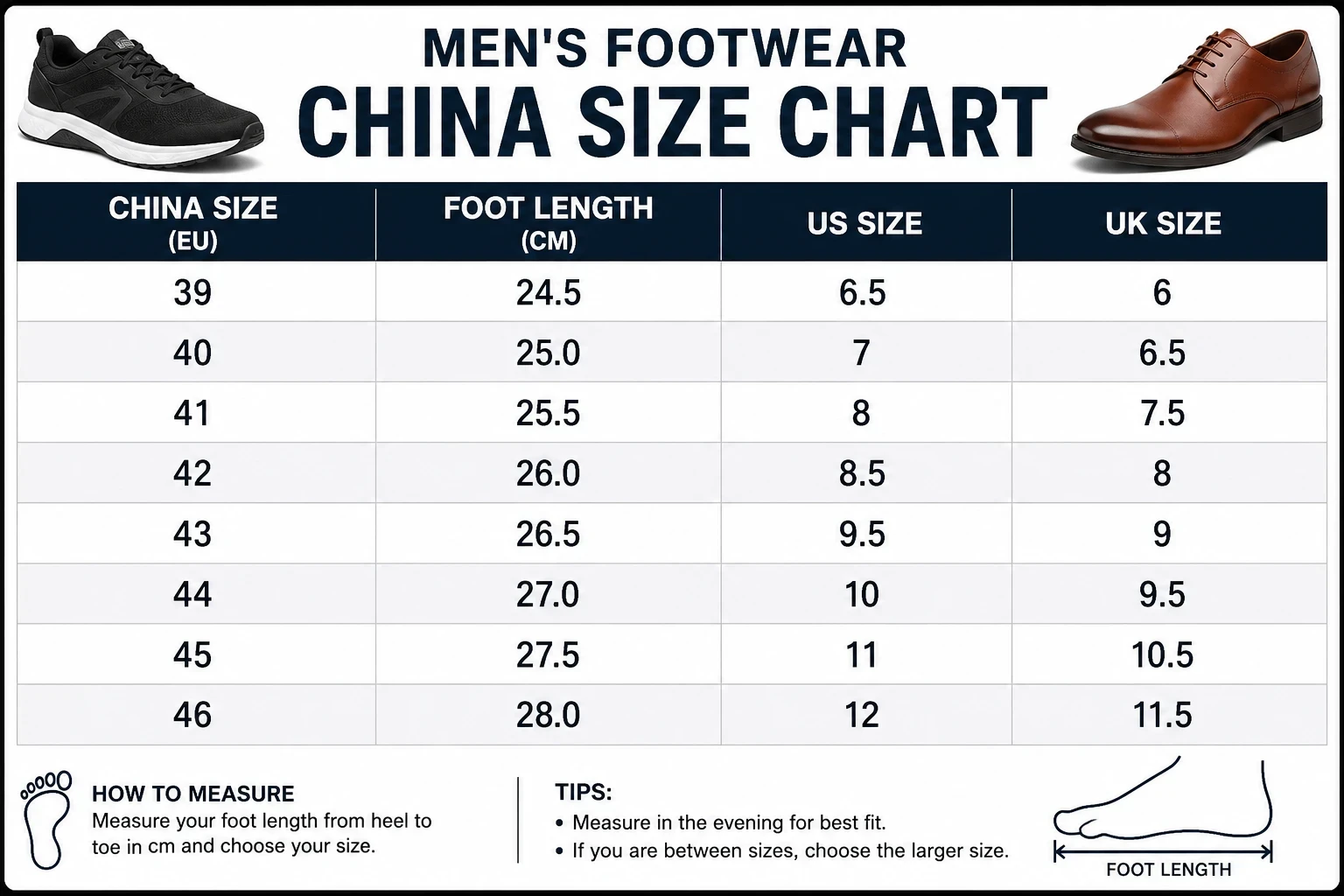 Size chart for Premium Men’s Leather Chelsea Boots