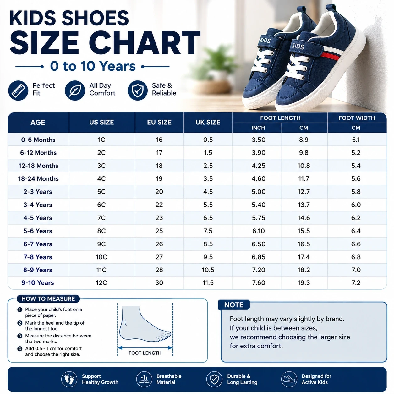 Size chart for BOBDOG Premium Kids’ Sport Sneakers