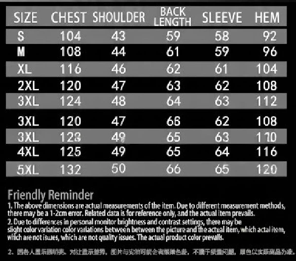 Size chart for Men’s Vintage Black Leather Field Jacket