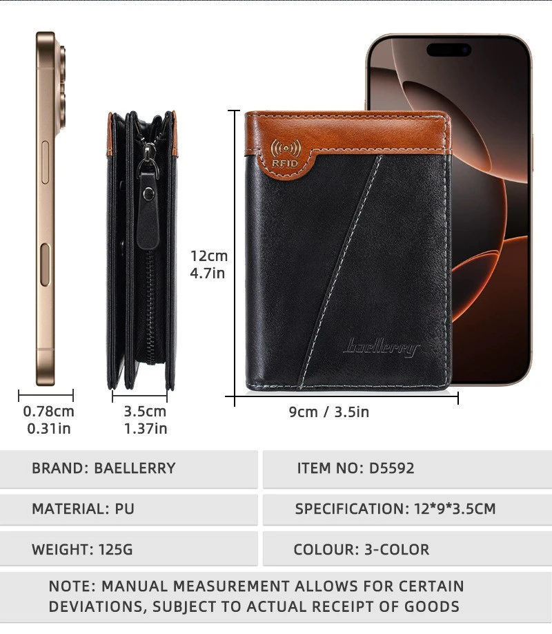 Size chart for Men's RFID Blocking PU Leather Bifold Wallet with Coin Pocket