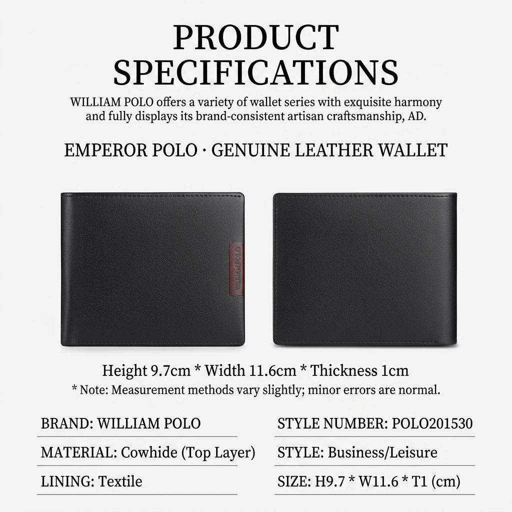 Size chart for WilliamPolo Genuine Leather Short Bifold Men's Wallet