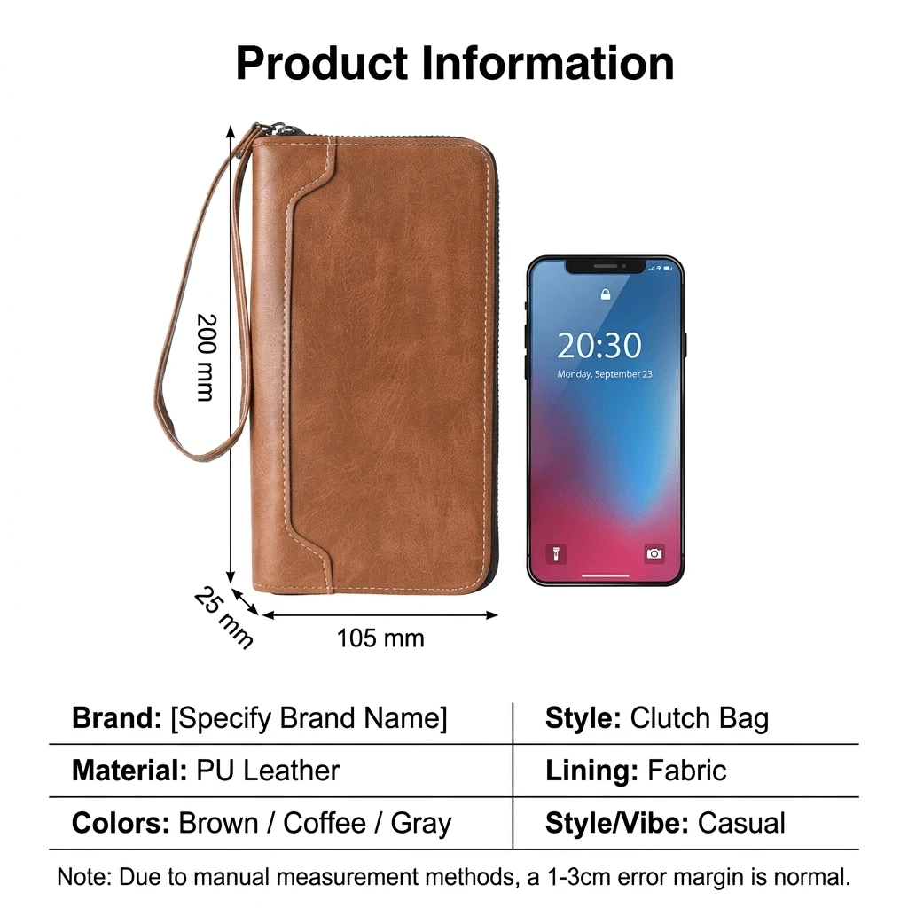 Size chart for imported Men's Vintage Leather Long Zip-Around Wallet & Clutch