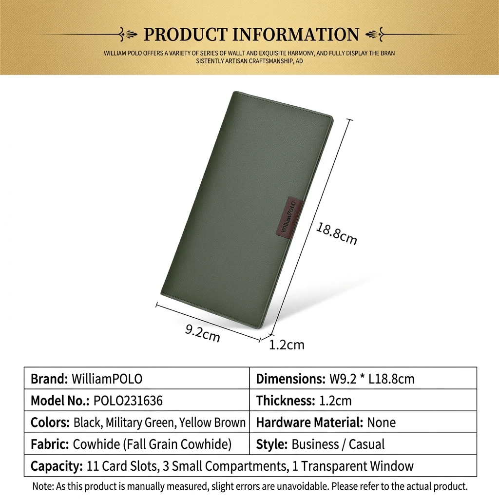 Size chart for Imported WilliamPOLO Men's Slim Leather Long Wallet