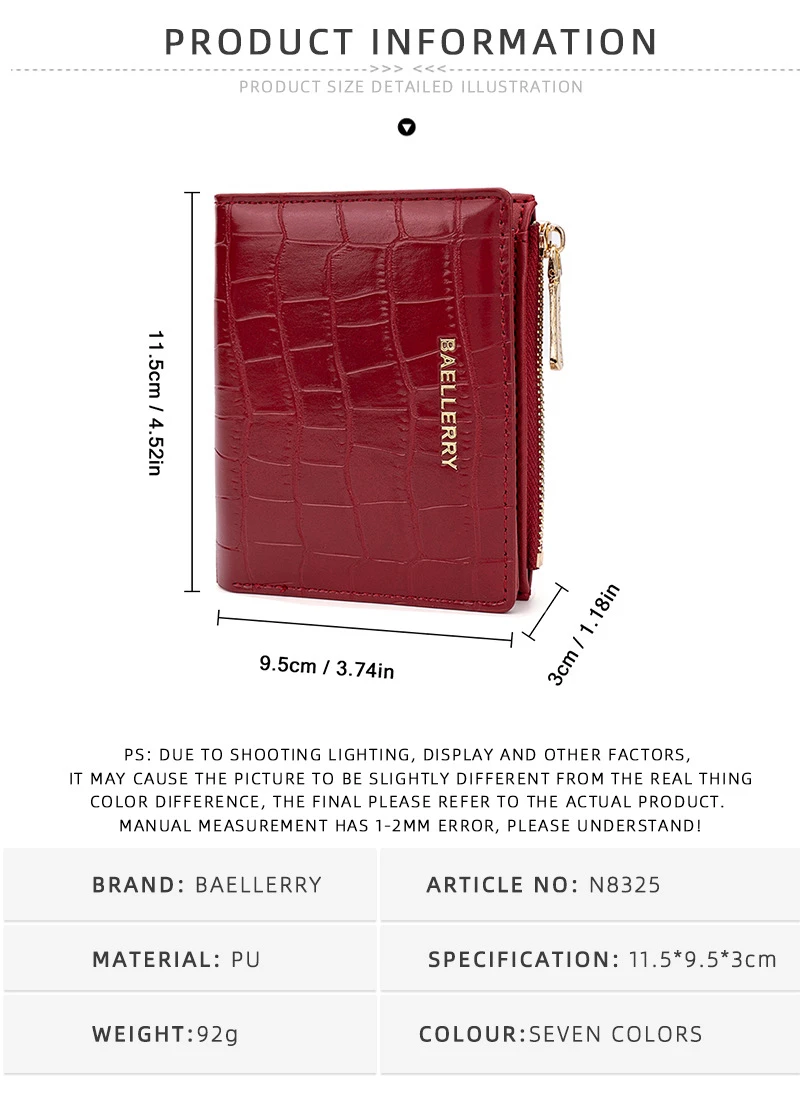 Size chart for Premium Red Leather Zip-Around Long Wallet