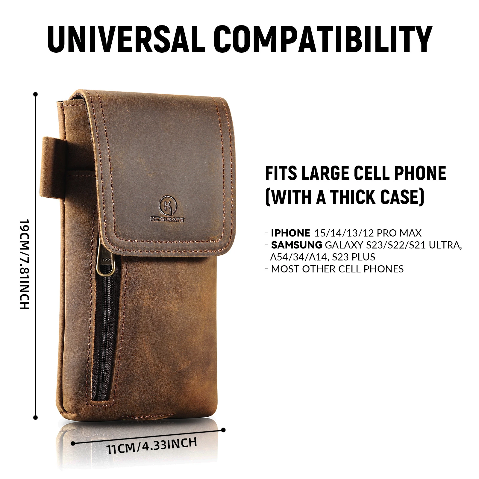 Size chart for Imported Genuine Leather Cell Phone Holster & Belt Pouch